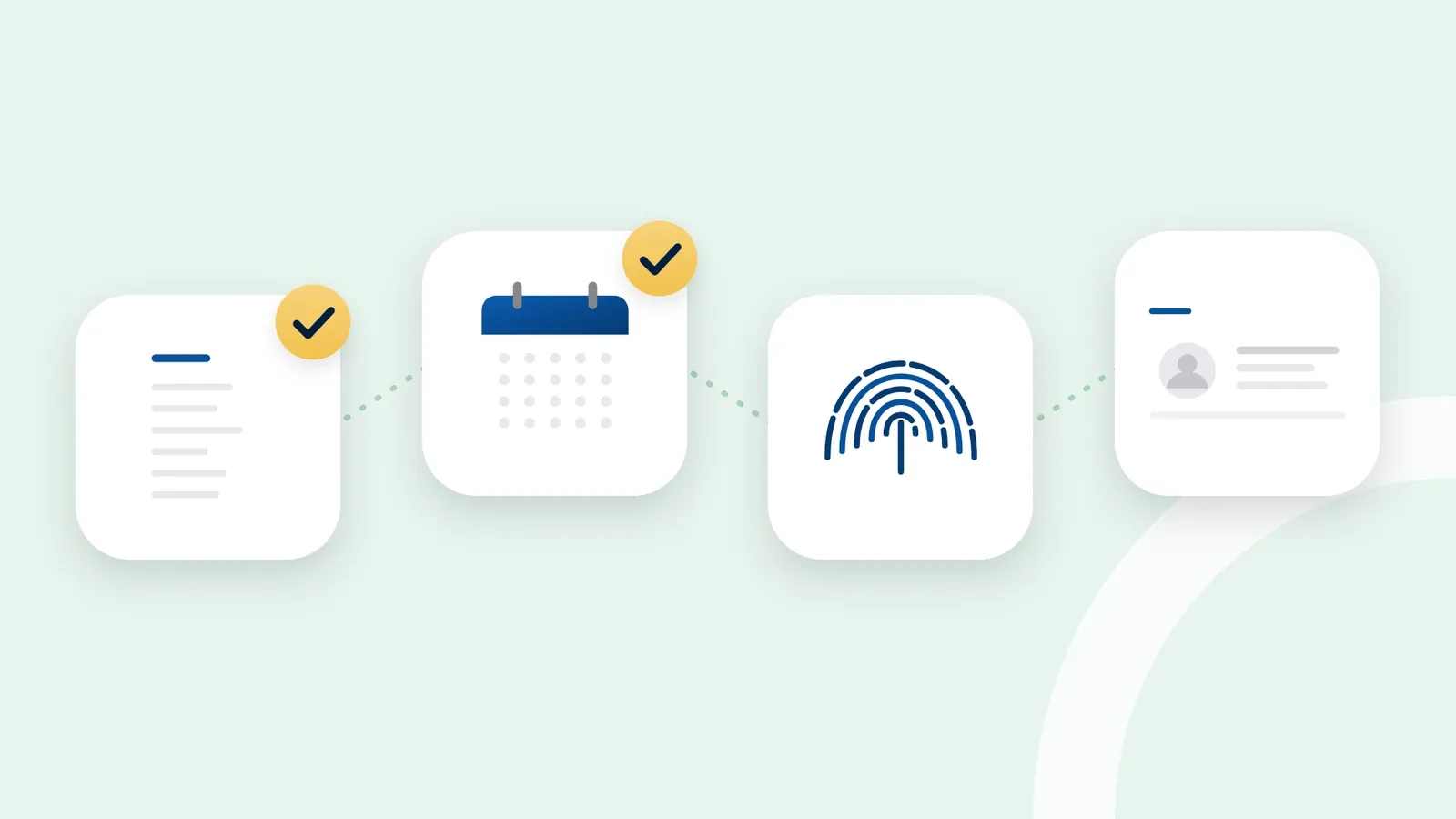 Illustration: a document, a calendar, a fingerprint and a generic residence card in a row, with ticks on the completed steps