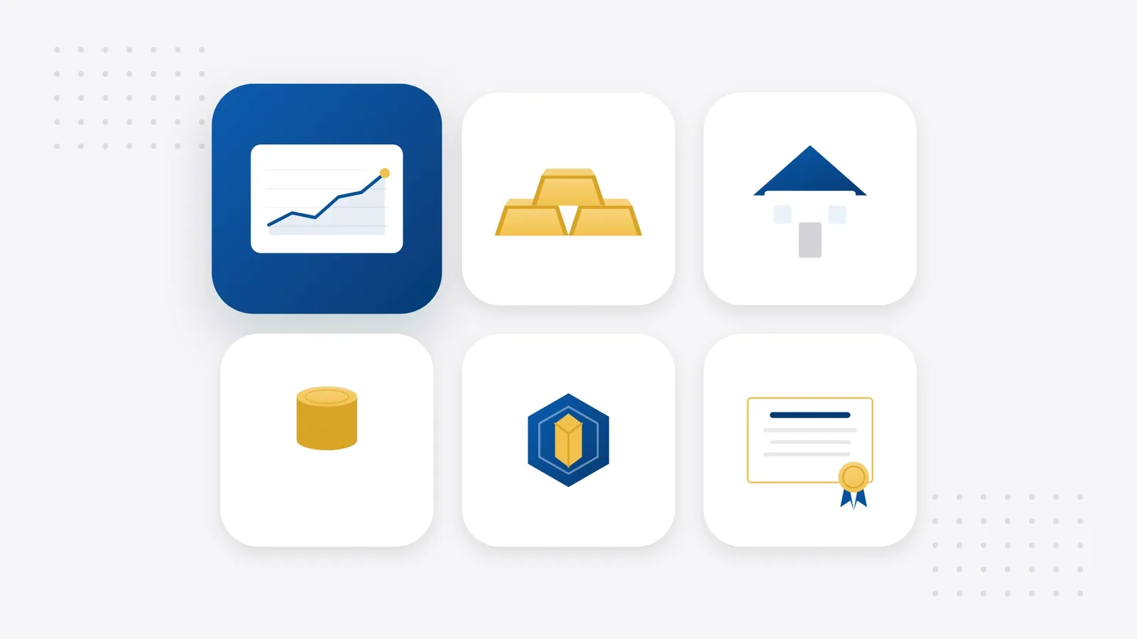 Illustration: a grid of tiles showing a rising line chart, gold bars, a house, a stack of coins, a crypto coin and a certificate with a seal