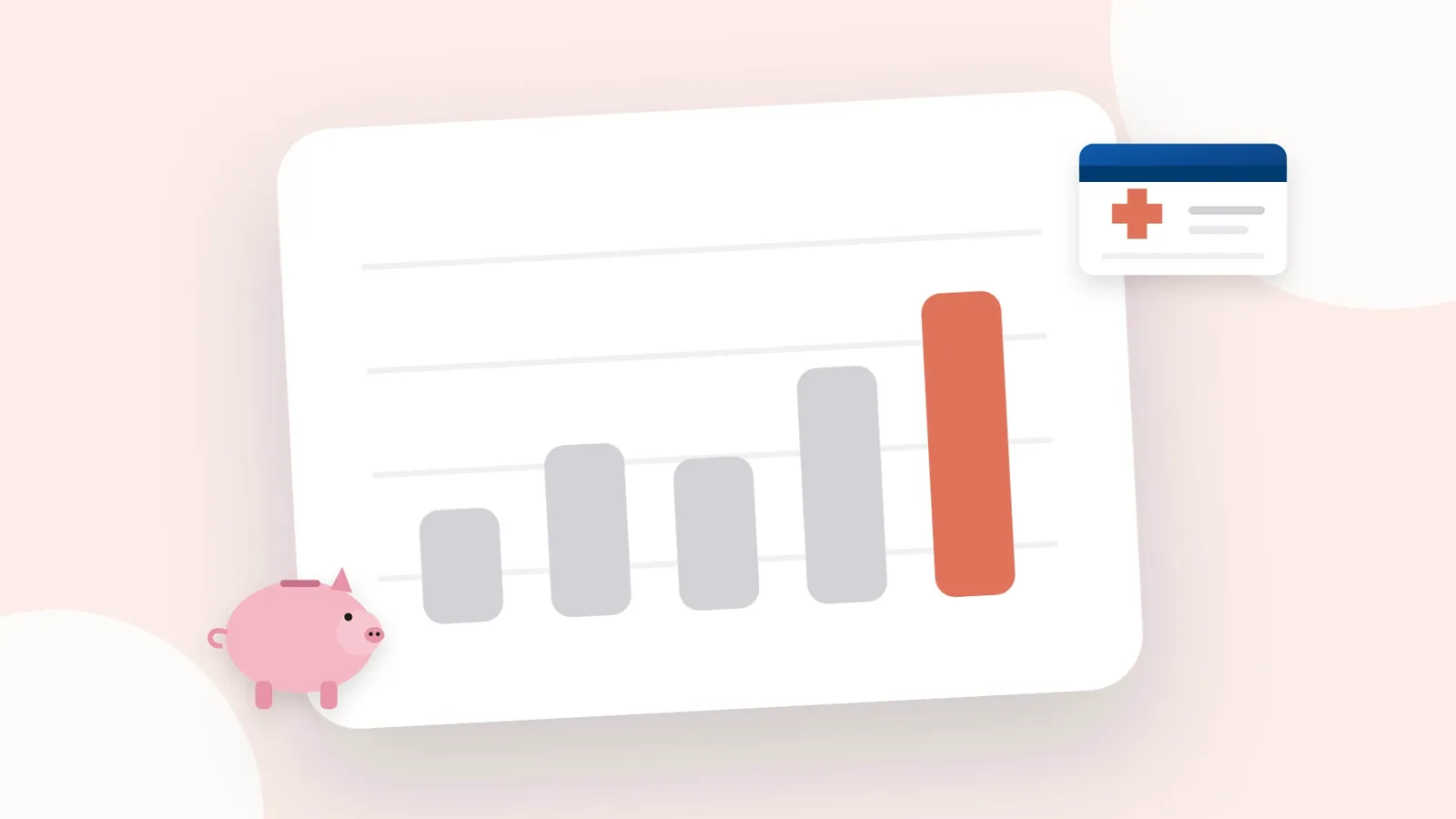 Illustration: a bar chart, alongside a health insurance card and a piggy bank