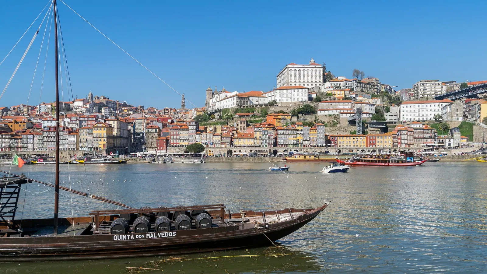 A rabelo boat on the Douro river in front of Porto's Ribeira district