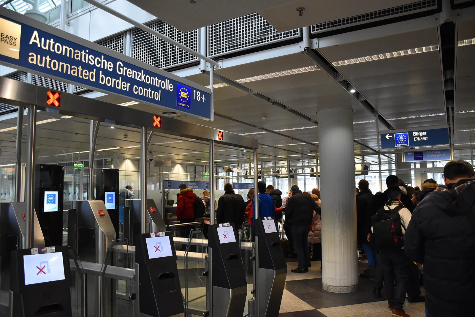 Automated border control gates and EU passport control lanes at Munich Airport