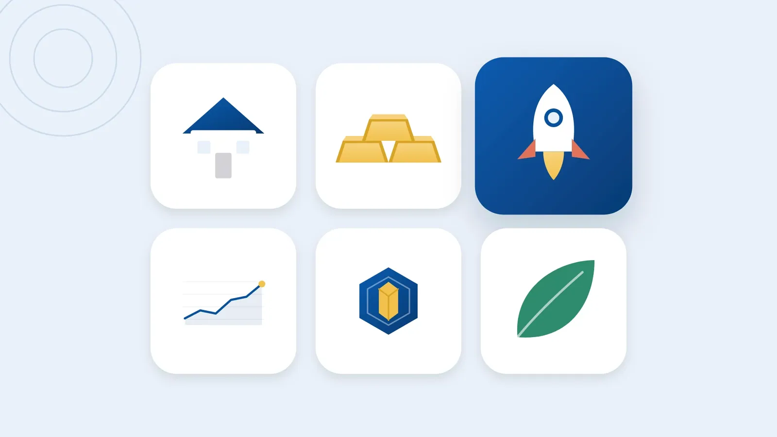 Illustration: a grid of tiles showing a house, gold bars, a rocket, a rising line chart, a crypto coin and a green leaf