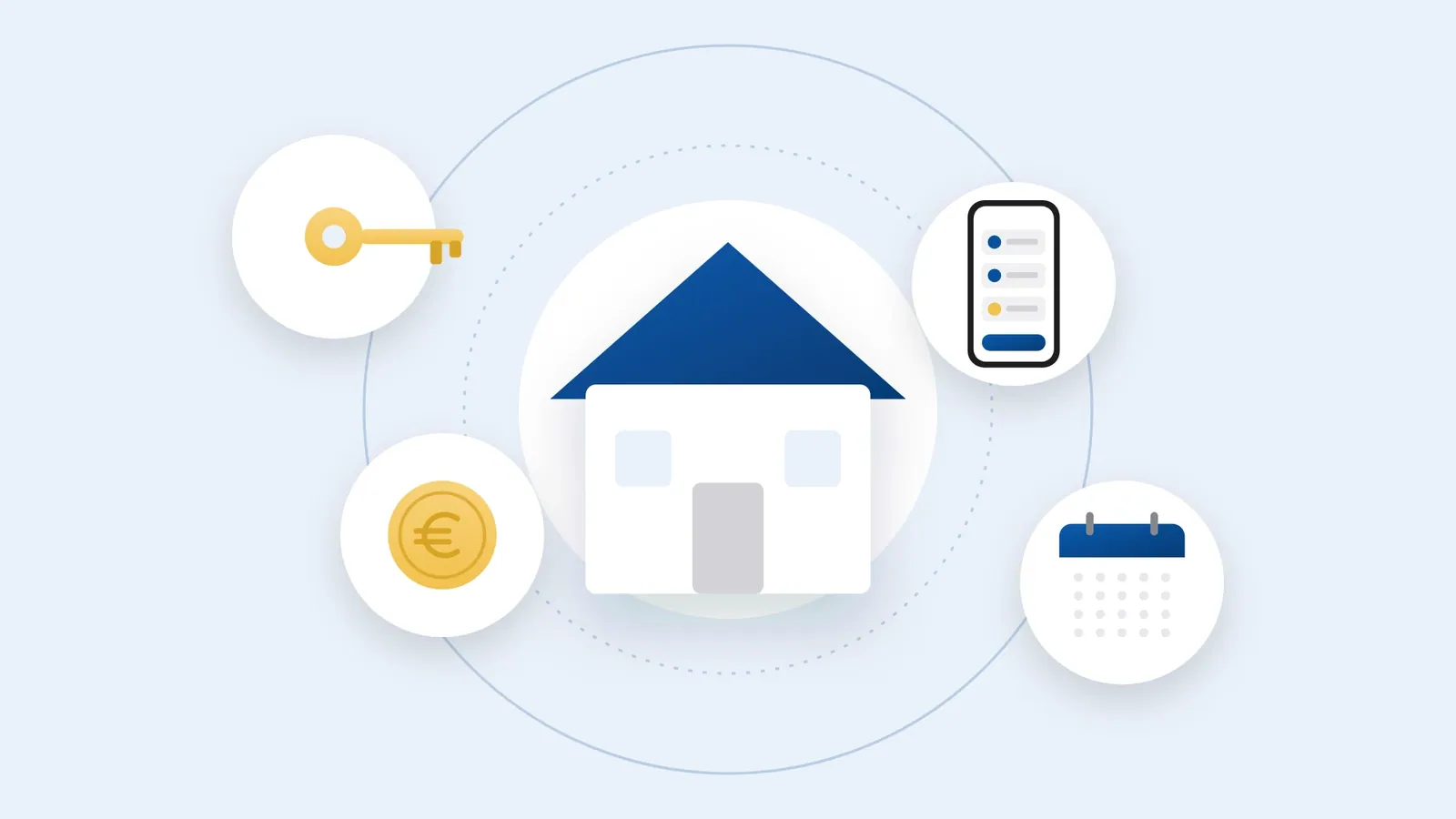 Illustration: a house surrounded by a key, a phone, a calendar and a euro coin