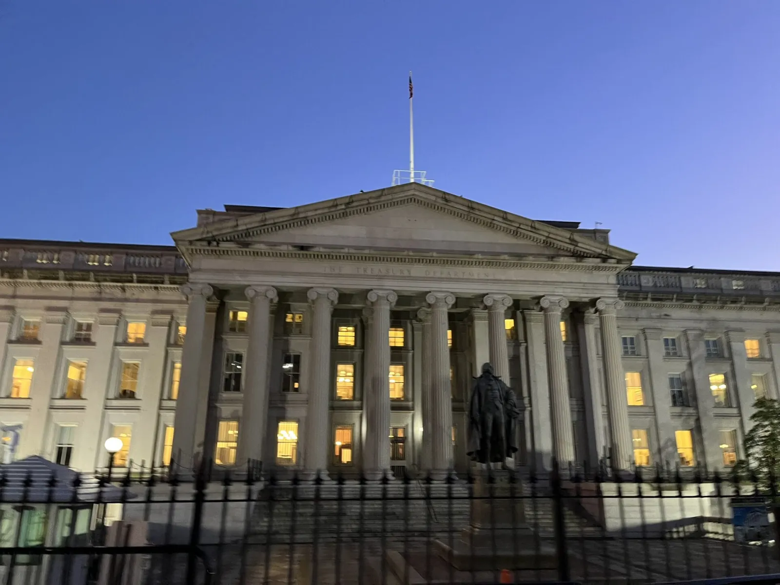 Facade of the United States Treasury Building in Washington, D.C., seen in 2023