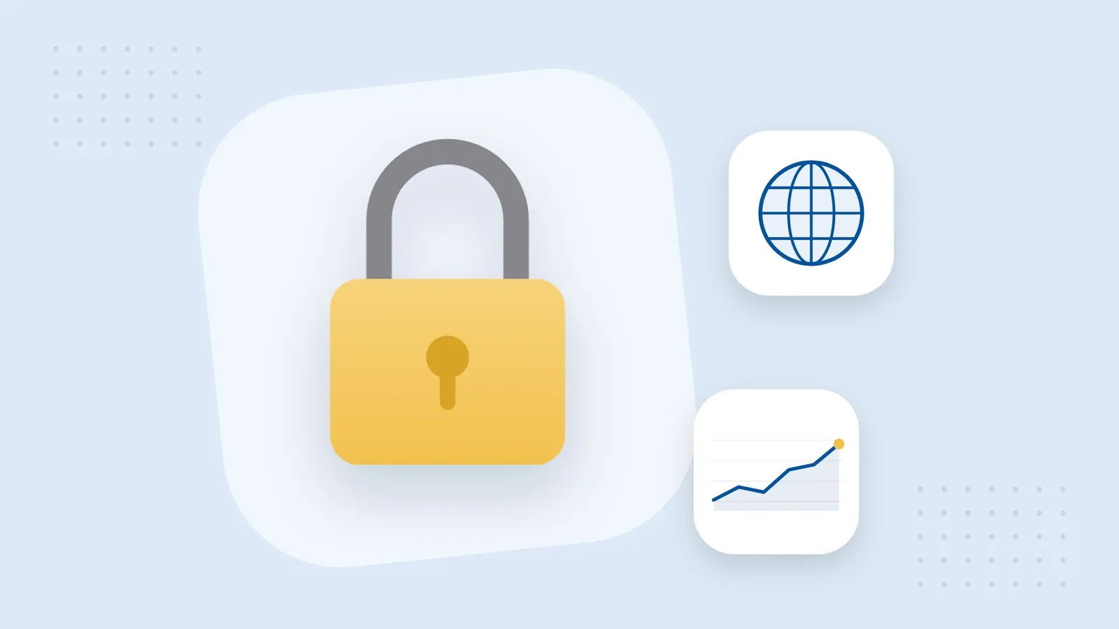 Illustration: a padlock with a globe and a rising line chart