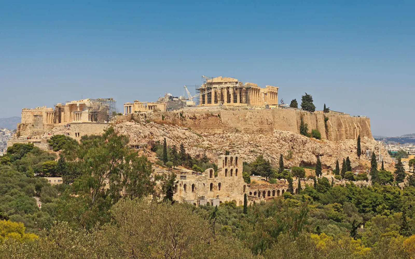 Panoramic view of the Acropolis of Athens on its hill above the city, seen from Philopappos Hill
