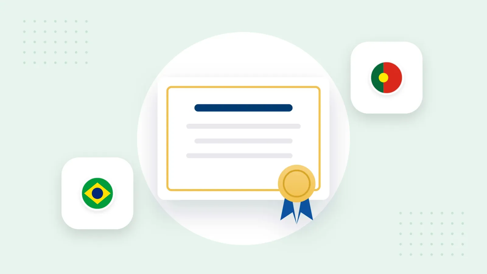 Illustration: a certificate with a seal, alongside the flag of Portugal and the flag of Brazil