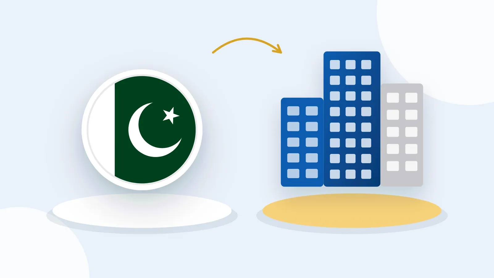 Illustration: an arrow leading from the flag of Pakistan to office buildings