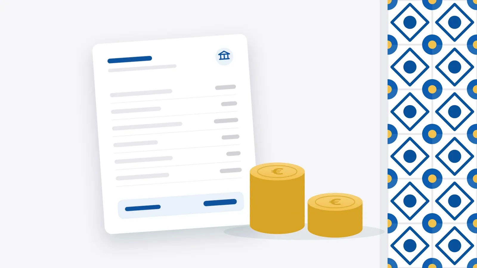 A generic bank statement, stacks of euro coins and a band of Portuguese tiles