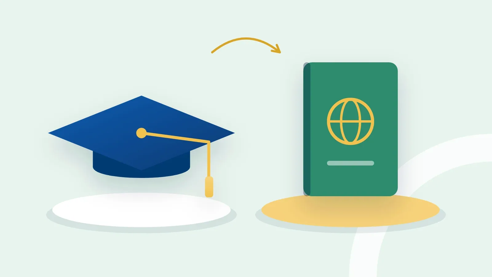 Illustration: an arrow leading from a graduation cap to a green passport-style booklet