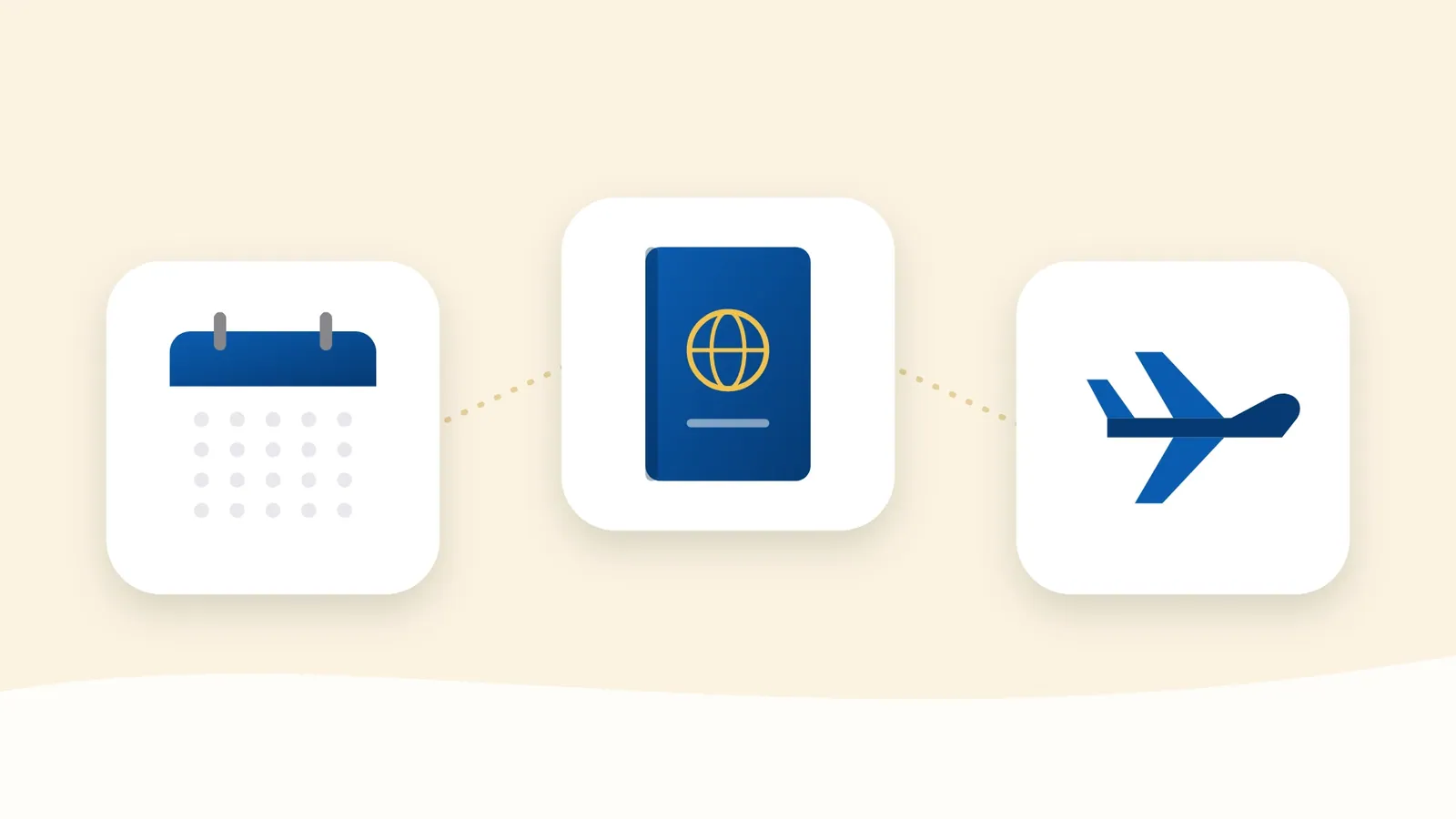 Illustration: a calendar, a passport-style booklet and a plane in a row