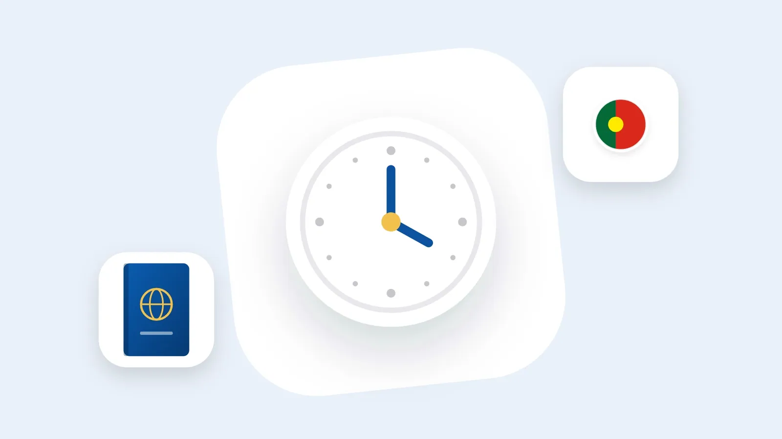 Illustration: a clock with the flag of Portugal and a passport-style booklet