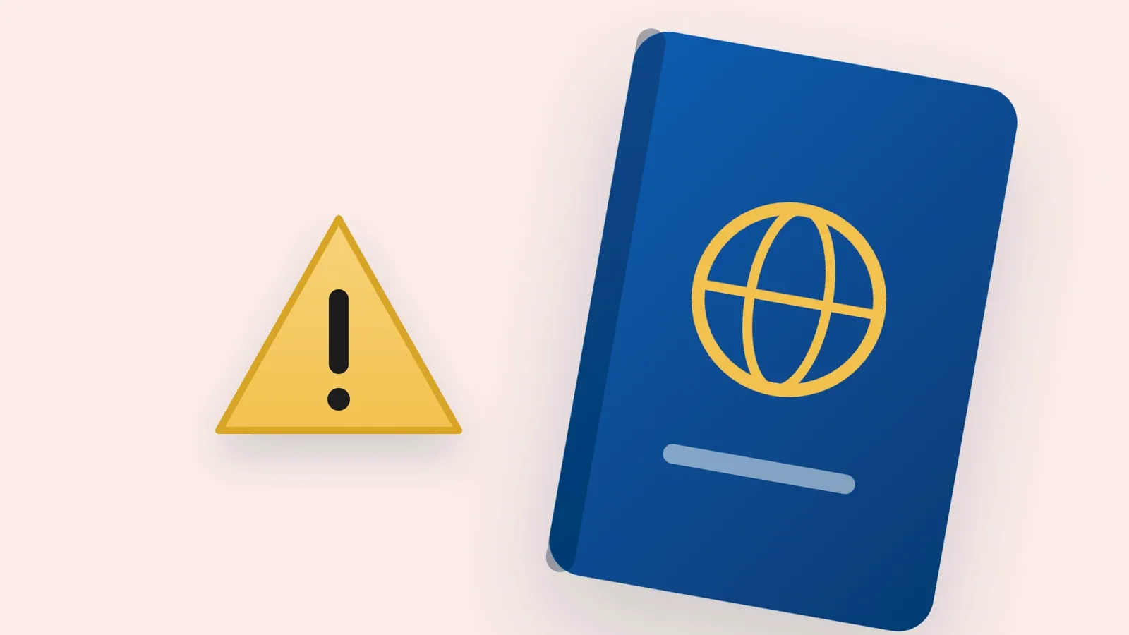 Illustration: a large passport-style booklet beside a warning sign