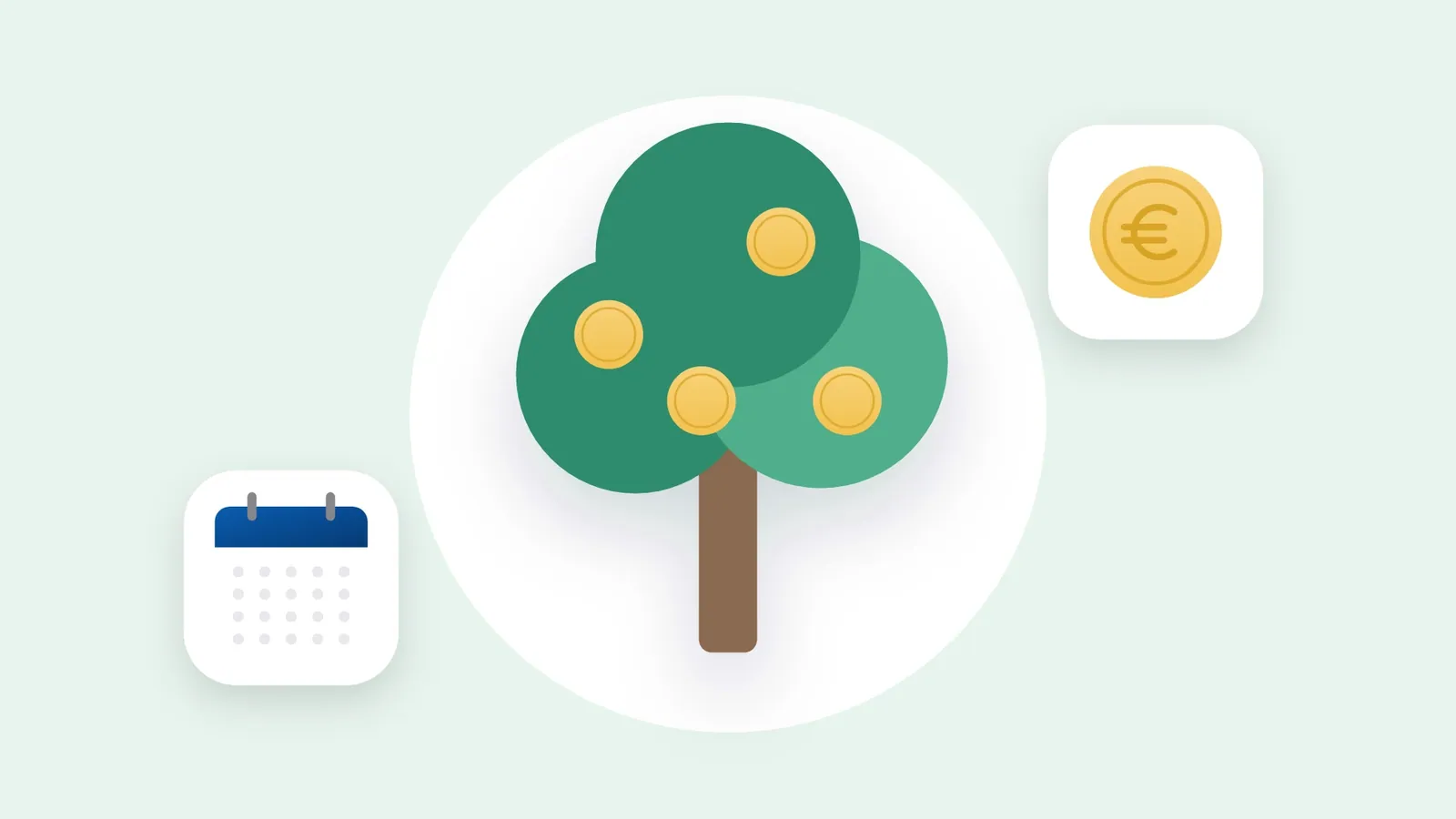 Illustration: a tree with coins, alongside a euro coin and a calendar