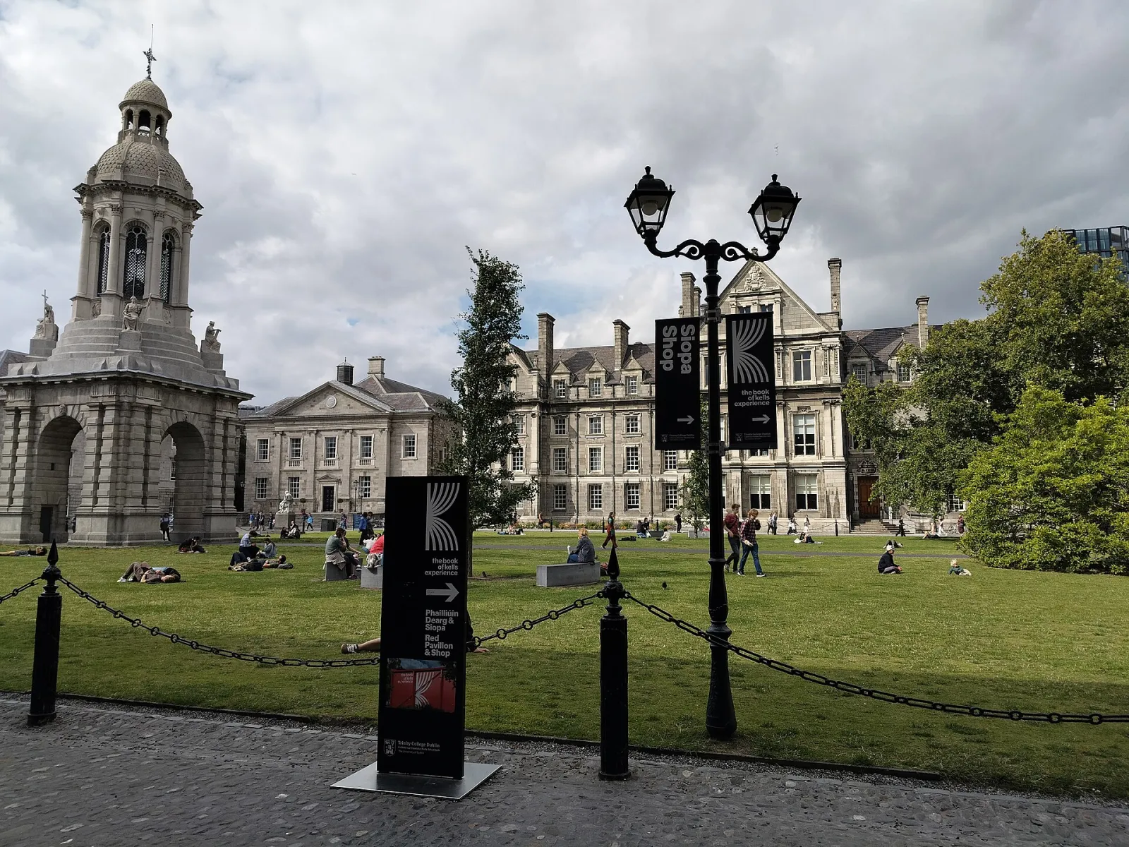Exterior campus buildings of Trinity College Dublin on a clear day