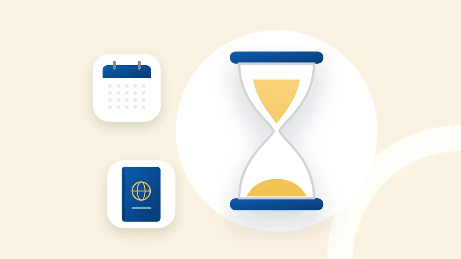 Illustration: an hourglass with a calendar and a passport-style booklet