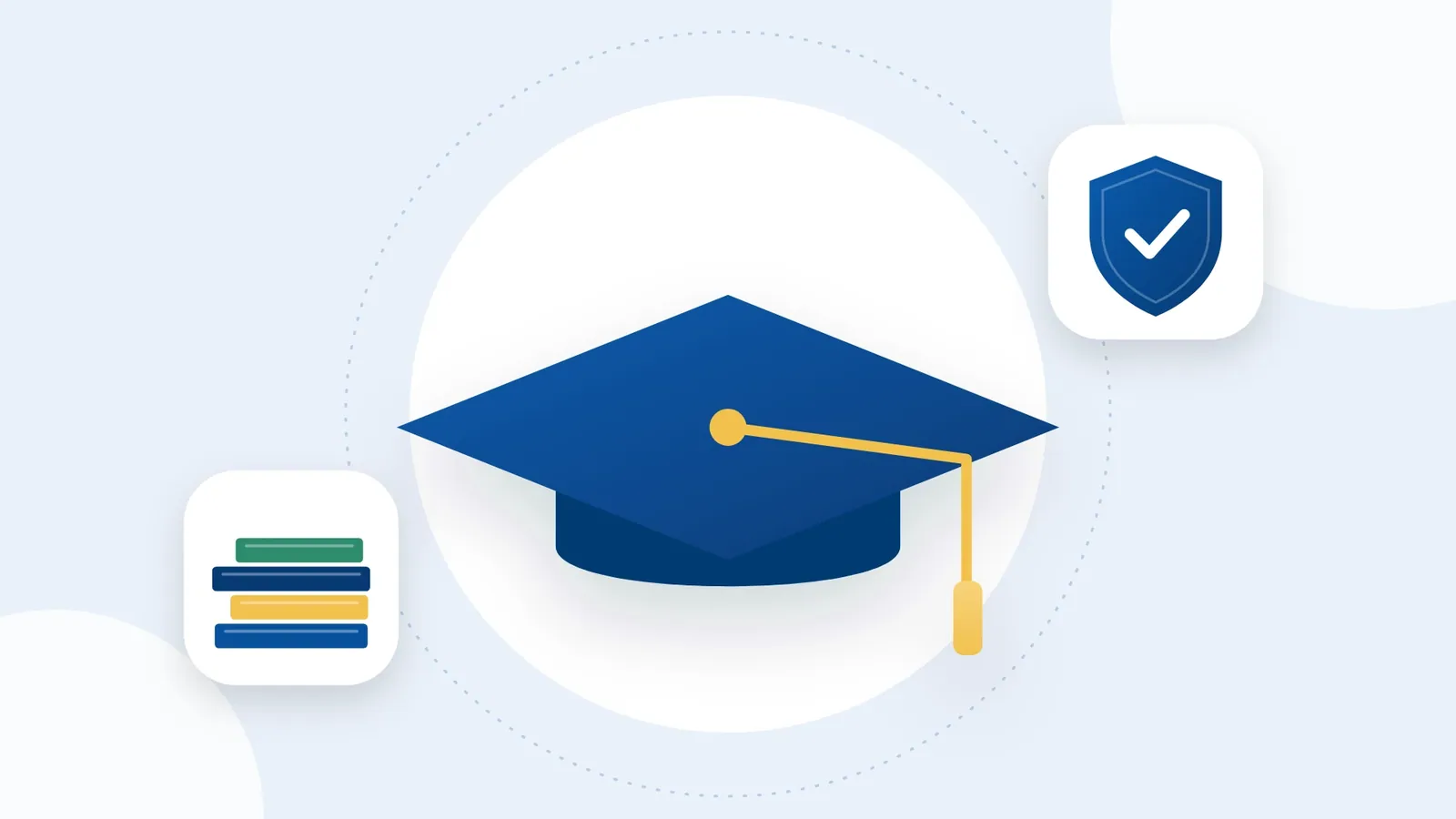 Illustration: a graduation cap with a shield with a tick and a stack of books