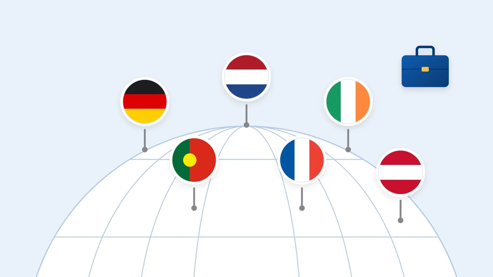 Illustration: a globe with pins carrying the flags of Germany, the Netherlands, Ireland, Portugal, France and Austria