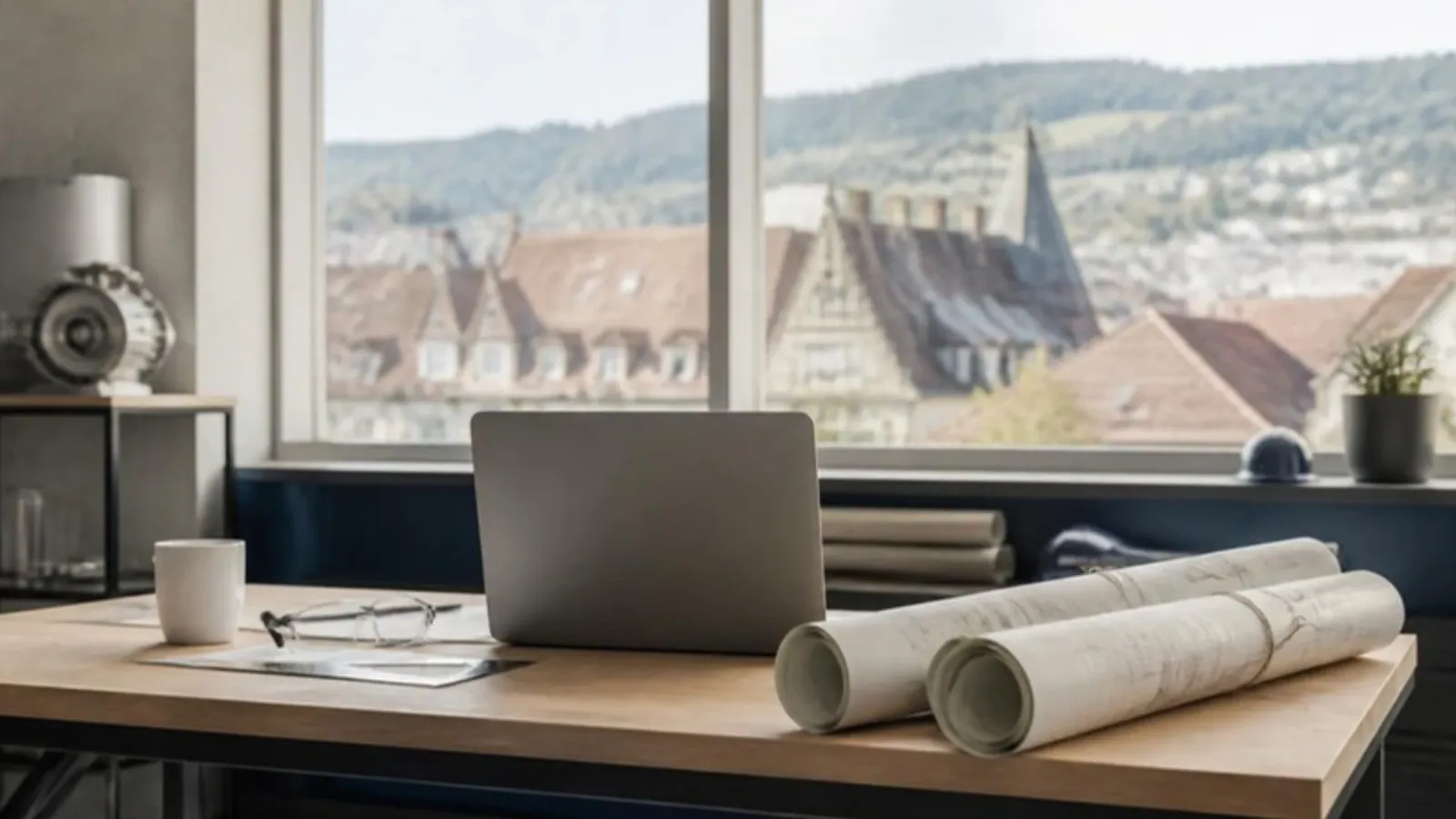 An engineering workbench with a laptop and rolled drawings by a window over old rooftops and hills