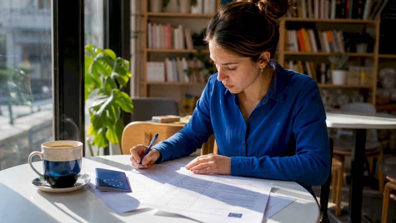Person organizing EU visa documents at home desk